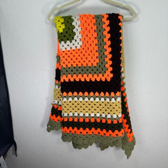 Handmade Retro Granny Square Crochet Blanket 80x70 – Orange Olive Tan - Picture 10 of 13